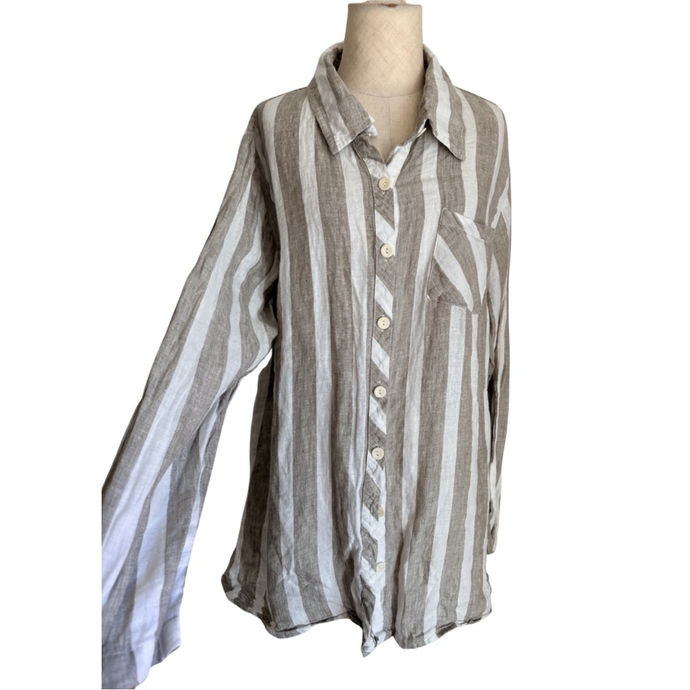 FLAX Shirt Womens Medium Linen Beige White Stripe Beach Lagenlook Minimalist